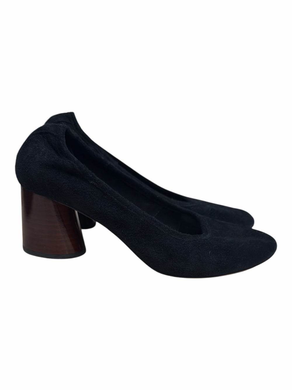 Antonio Melani Black Suede Round Toe Wood Stacked Block Heel Pumps